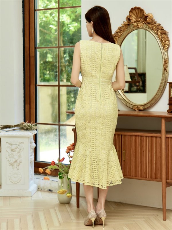 画像3: [送料無料][ERUKEI]イエロー・ブラック・レッド・ホワイト・ブルー・ピンク・ノースリーブ ・総レース・マーメイド・ひざ下・ミディアムドレス・ワンピース[即日発送][大きいサイズあり] (3)