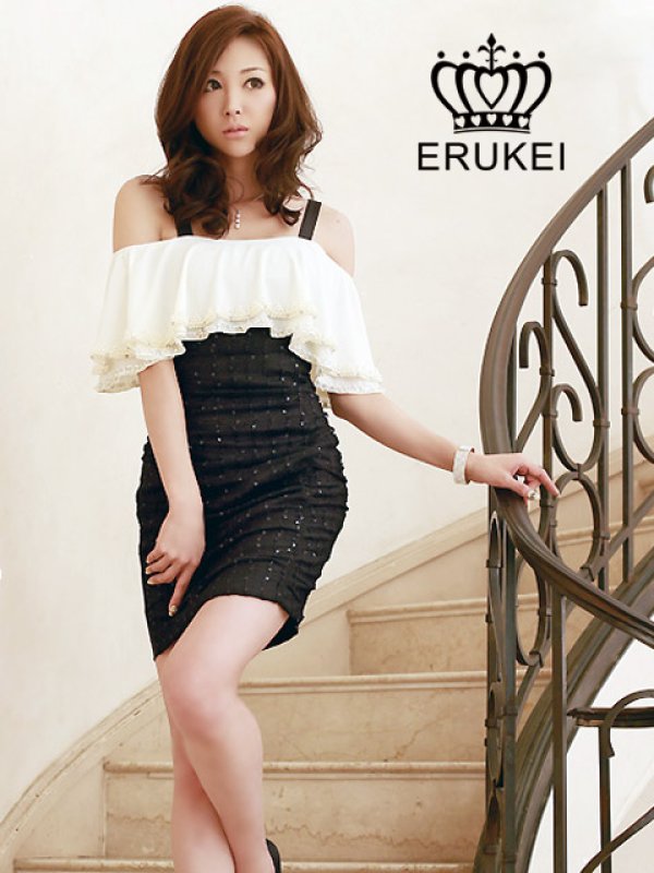 画像4: [送料無料][Glitter]ホワイト×ライトブルー・ホワイト×ブラック・バイカラー・オフショルダー・ビーズ・パール・スパンコール・タイト・ミニドレス・ワンピース[即日発送][大きいサイズあり] (4)