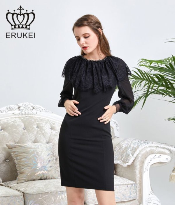 画像2: [送料無料][ERUKEI]ショルダーレース・首元ビジュー・ブラック・ホワイト・ミニドレス・ワンピース[即日発送][大きいサイズあり] (2)