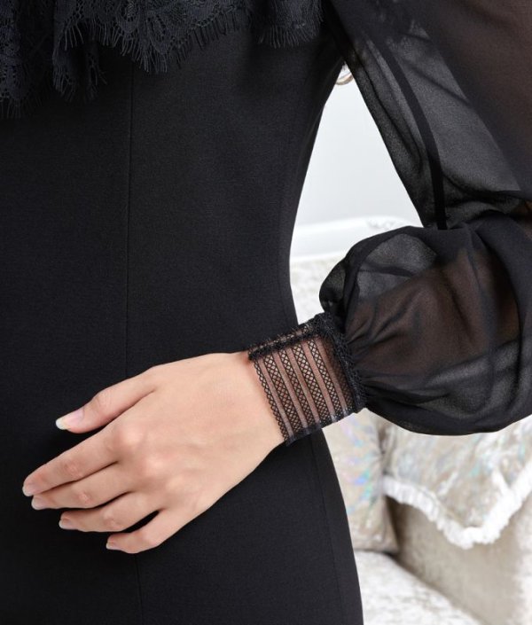 画像15: [送料無料][ERUKEI]ショルダーレース・首元ビジュー・ブラック・ホワイト・ミニドレス・ワンピース[即日発送][大きいサイズあり] (15)