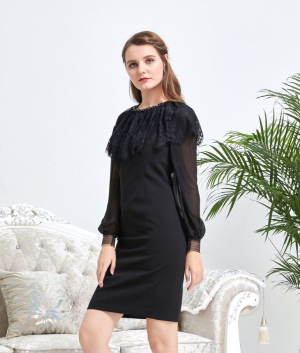 画像4: [送料無料][ERUKEI]ショルダーレース・首元ビジュー・ブラック・ホワイト・ミニドレス・ワンピース[即日発送][大きいサイズあり] (4)