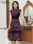 画像1: [送料無料][SETTAN]パープル・イエロー・花柄・ティアードフリル・プチハイネック・Aライン・レースポイント・ミディアムドレス・ワンピース[即日発送][大きいサイズあり] (1)