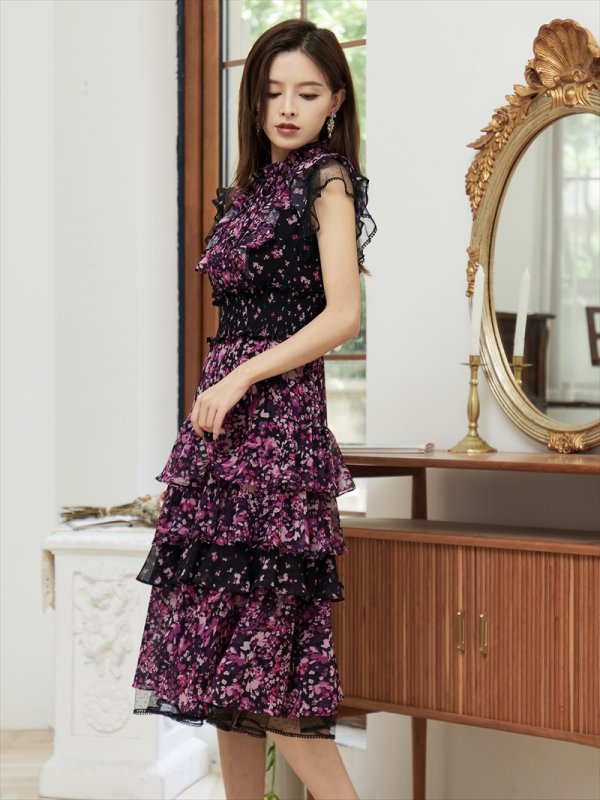 画像2: [送料無料][SETTAN]パープル・イエロー・花柄・ティアードフリル・プチハイネック・Aライン・レースポイント・ミディアムドレス・ワンピース[即日発送][大きいサイズあり] (2)