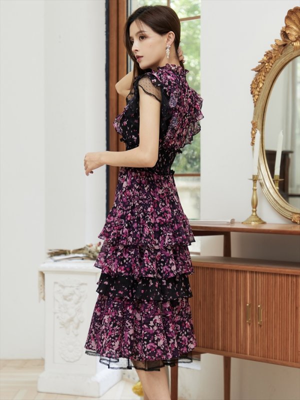 画像3: [送料無料][SETTAN]パープル・イエロー・花柄・ティアードフリル・プチハイネック・Aライン・レースポイント・ミディアムドレス・ワンピース[即日発送][大きいサイズあり] (3)