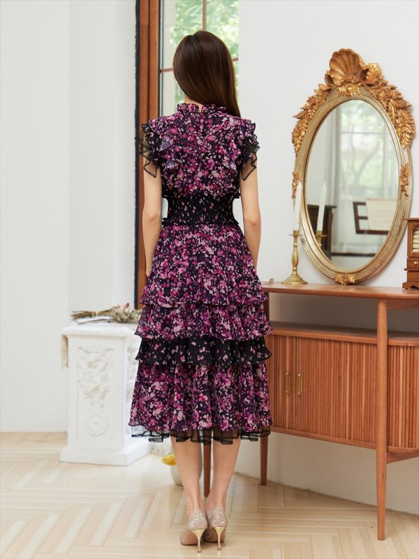 画像4: [送料無料][SETTAN]パープル・イエロー・花柄・ティアードフリル・プチハイネック・Aライン・レースポイント・ミディアムドレス・ワンピース[即日発送][大きいサイズあり] (4)