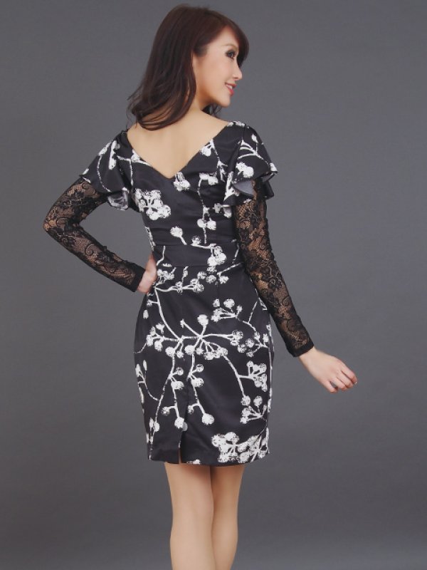 画像3: [送料無料][ERUKEI]袖レース・プリント・Vネック・ミニドレス・ワンピース[即日発送][大きいサイズあり] (3)