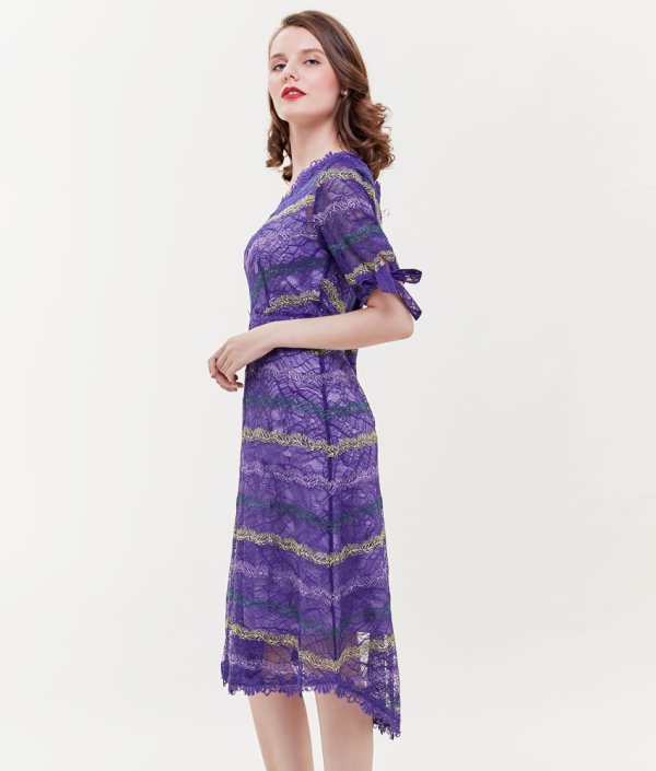 画像2: [送料無料][ERUKEI]パープル・総レース・スリーブ・ Aライン・ミディアムドレス・ワンピース[即日発送][大きいサイズあり] (2)
