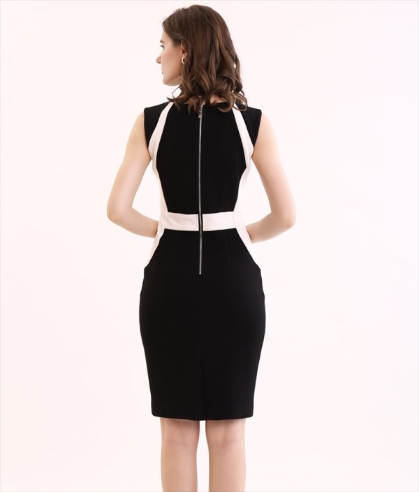 画像3: [送料無料][ERUKEI]ブラック・ベージュ・バイカラー・シンプル・ノースリーブ・切替・ポケット・ミニドレス・ワンピース[即日発送][大きいサイズあり] (3)