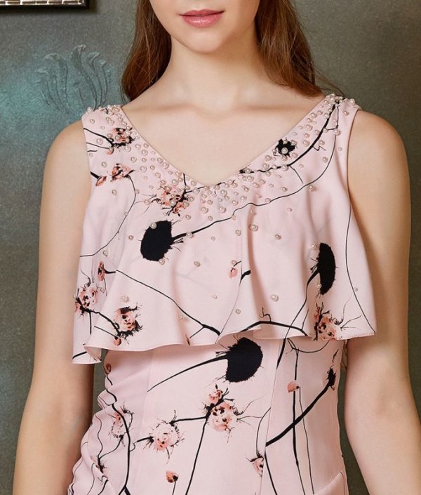 画像9: [送料無料][ERUKEI]ブルー・ピンク・ノースリーブ・胸元フリル・花柄・シフォン・ビジュー・タイト・ミニドレス・ワンピース[即日発送][大きいサイズあり] (9)