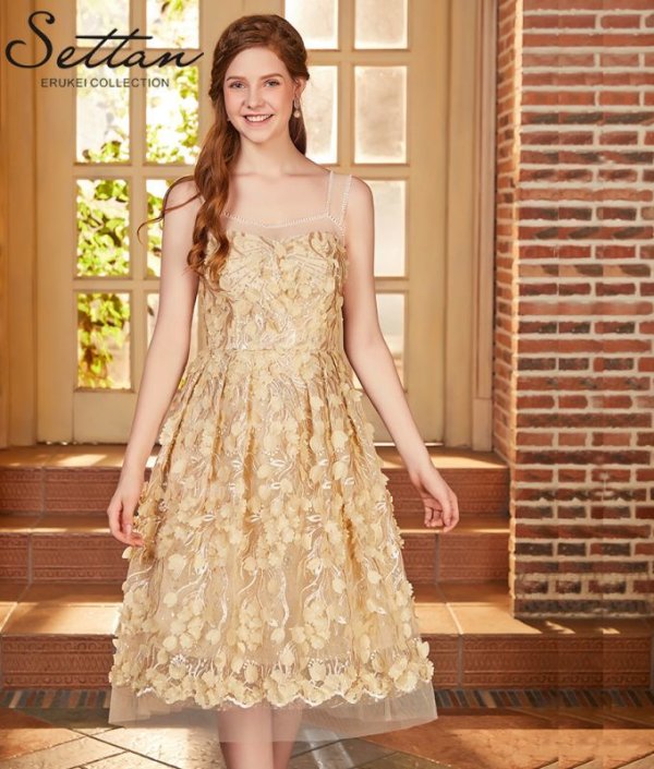 画像2: [送料無料][SETTAN]ホワイト・ゴールド・ブラック・花びらモチーフ・Ａライン・ノースリーブ・ミディアムドレス・ワンピース[即日発送][大きいサイズあり] (2)