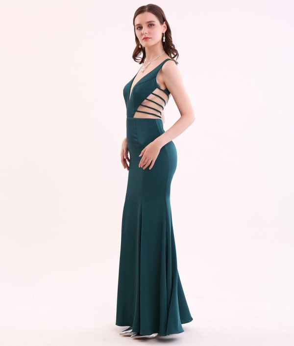 画像3: [送料無料][SETTAN]グリーン・レッド・シンプル・タイト・サイドメッシュ・マーメイドライン・ロングドレス[即日発送][大きいサイズあり] (3)