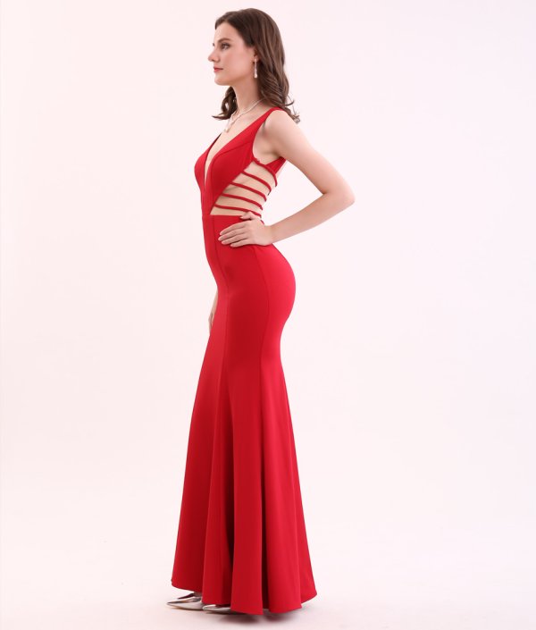 画像4: [送料無料][SETTAN]グリーン・レッド・シンプル・タイト・サイドメッシュ・マーメイドライン・ロングドレス[即日発送][大きいサイズあり] (4)