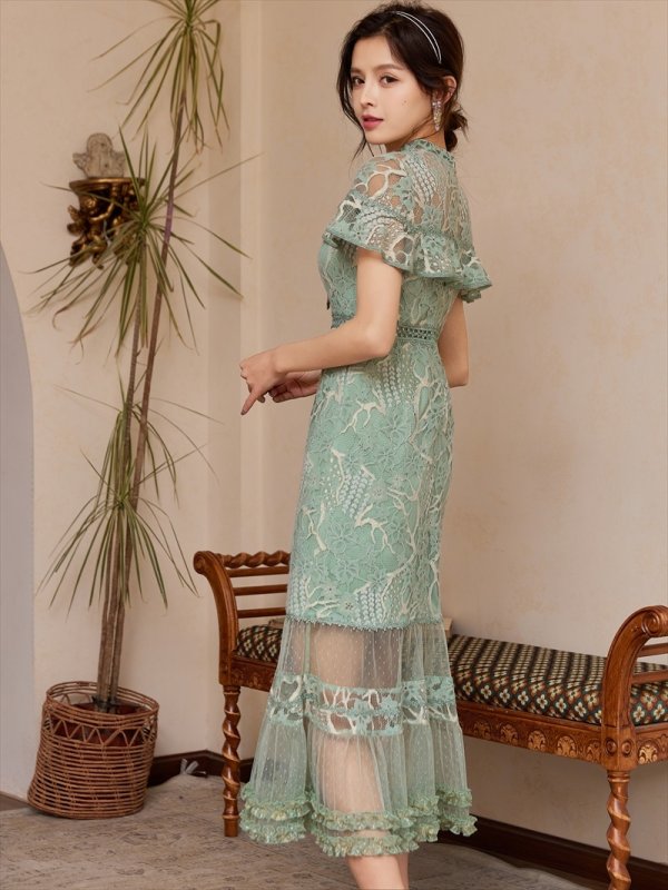 画像7: [送料無料][SETTAN]ホワイト・グリーン・ブルー・ブラウン・ネイビー・ワインレッド・総レース・シースルー・首元リボン・ミディアムドレス・ワンピース[即日発送][大きいサイズあり] (7)