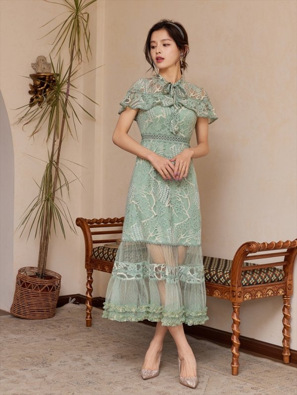 画像8: [送料無料][SETTAN]ホワイト・グリーン・ブルー・ブラウン・ネイビー・ワインレッド・総レース・シースルー・首元リボン・ミディアムドレス・ワンピース[即日発送][大きいサイズあり] (8)