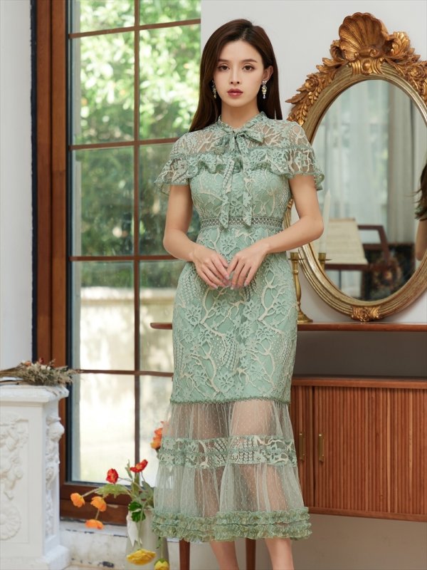 画像5: [送料無料][SETTAN]グリーン・ホワイト・ブルー・ブラウン・ネイビー・ワインレッド・総レース・シースルー・首元リボン・ミディアムドレス・ワンピース[即日発送][大きいサイズあり] (5)