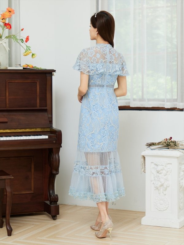 画像11: [送料無料][SETTAN]ホワイト・グリーン・ブルー・ブラウン・ネイビー・ワインレッド・総レース・シースルー・首元リボン・ミディアムドレス・ワンピース[即日発送][大きいサイズあり] (11)