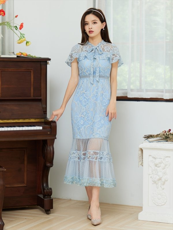 画像12: [送料無料][SETTAN]ブラウン・グリーン・ブルー・ホワイト・ネイビー・ワインレッド・総レース・シースルー・首元リボン・ミディアムドレス・ワンピース[即日発送][大きいサイズあり] (12)