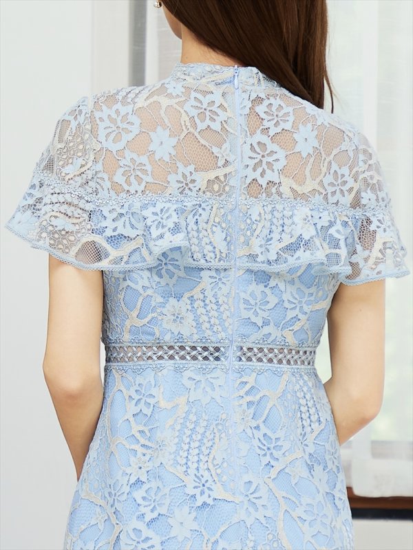 画像6: [送料無料][SETTAN]ブルー・グリーン・ホワイト・ブラウン・ネイビー・ワインレッド・総レース・シースルー・首元リボン・ミディアムドレス・ワンピース[即日発送][大きいサイズあり] (6)