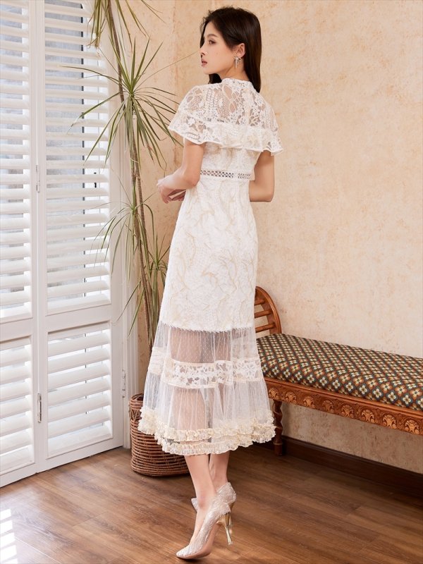 画像3: [送料無料][SETTAN]ホワイト・グリーン・ブルー・ブラウン・ネイビー・ワインレッド・総レース・シースルー・首元リボン・ミディアムドレス・ワンピース[即日発送][大きいサイズあり] (3)