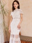 画像5: [送料無料][SETTAN]ホワイト・グリーン・ブルー・ブラウン・ネイビー・ワインレッド・総レース・シースルー・首元リボン・ミディアムドレス・ワンピース[即日発送][大きいサイズあり] (5)