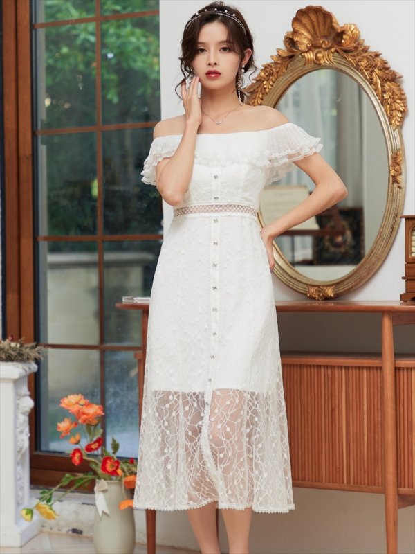 画像3: [送料無料][SETTAN]ホワイト・ブラック・総レース・リボンビジュー・オフショルダー・キャミソール・Aライン・ミディアムドレス・ワンピース[即日発送][大きいサイズあり] (3)