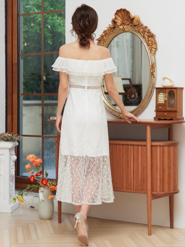 画像5: [送料無料][SETTAN]ホワイト・ブラック・総レース・リボンビジュー・オフショルダー・キャミソール・Aライン・ミディアムドレス・ワンピース[即日発送][大きいサイズあり] (5)