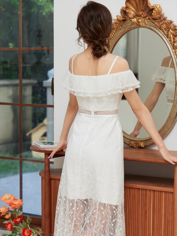 画像7: [送料無料][SETTAN]ホワイト・ブラック・総レース・リボンビジュー・オフショルダー・キャミソール・Aライン・ミディアムドレス・ワンピース[即日発送][大きいサイズあり] (7)