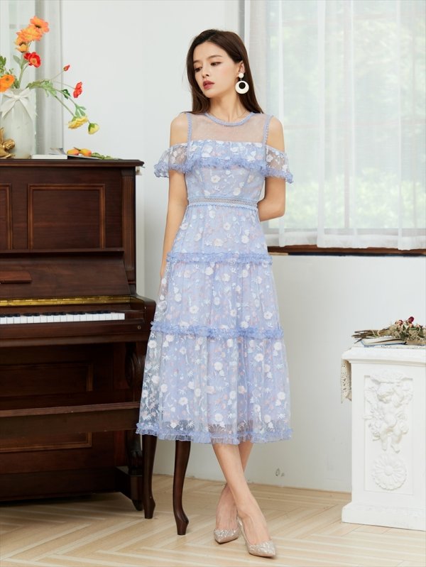 画像10: [送料無料][SETTAN]ベージュ・ブルー・Aライン・レース・フリル・オープンショルダー・ミディアムワンピース・ワンピース[即日発送][大きいサイズあり] (10)