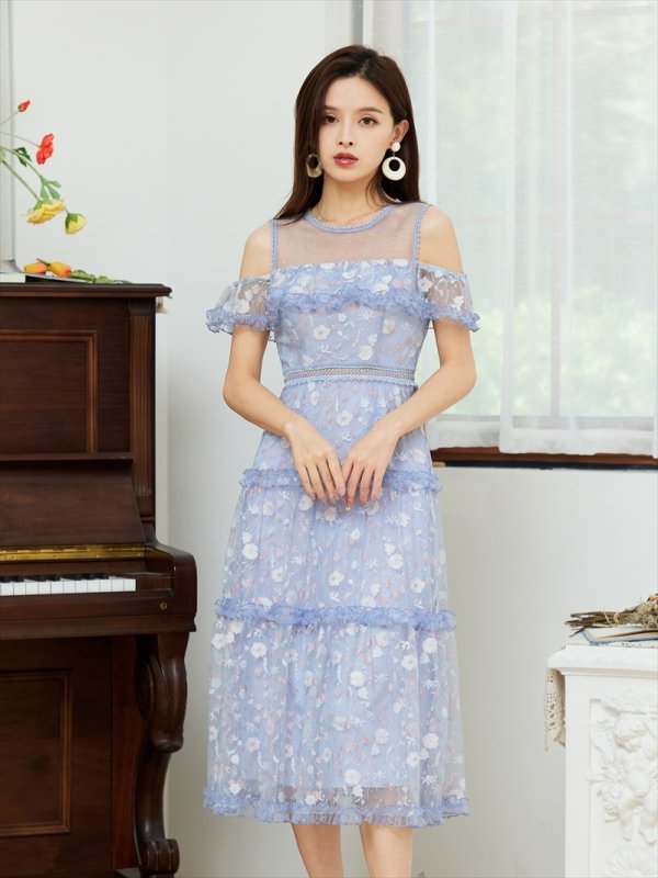 画像11: [送料無料][SETTAN]ベージュ・ブルー・Aライン・レース・フリル・オープンショルダー・ミディアムワンピース・ワンピース[即日発送][大きいサイズあり] (11)