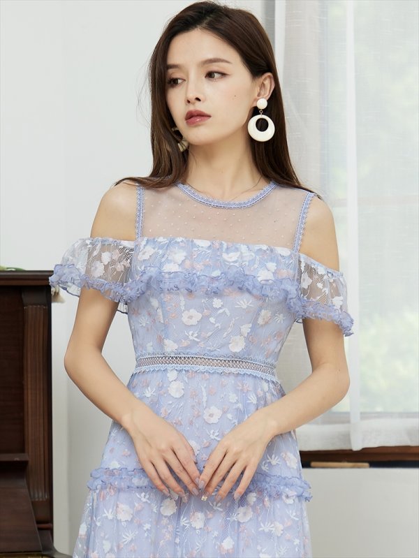 画像12: [送料無料][SETTAN]ベージュ・ブルー・Aライン・レース・フリル・オープンショルダー・ミディアムワンピース・ワンピース[即日発送][大きいサイズあり] (12)