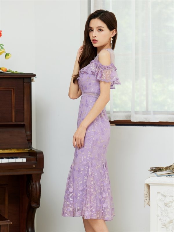 画像3: [送料無料][SETTAN]パープル・ネイビー・フラワー総レース・フロントフリル・デコルテシースルー・オープンショルダー・ミディアムドレス・ワンピース[即日発送][大きいサイズあり] (3)