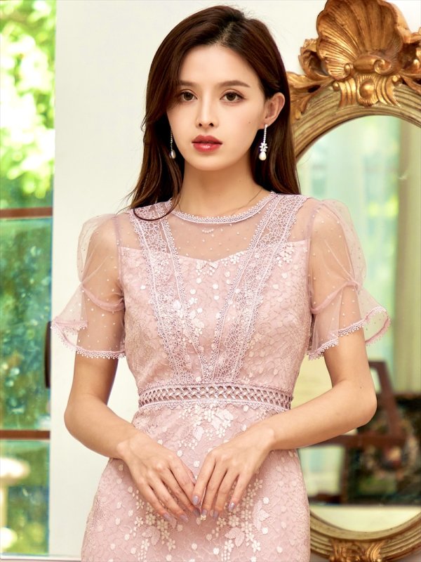 画像4: [送料無料][SETTAN]ピンク・ホワイト・レース・シースルー・マーメイドライン・ミディアムドレス・ワンピース[即日発送][大きいサイズあり] (4)