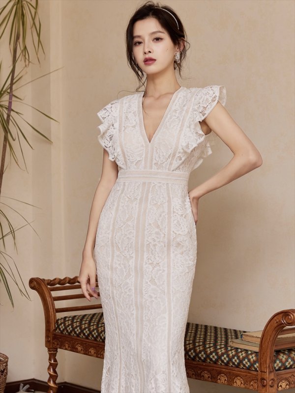 画像3: [送料無料][SETTAN]ホワイト・ワインレッド・ブラック×ベージュ・レース・ハイウエスト・フリル・フリルスリーブ・ノースリーブ・ロングドレス[即日発送][大きいサイズあり] (3)