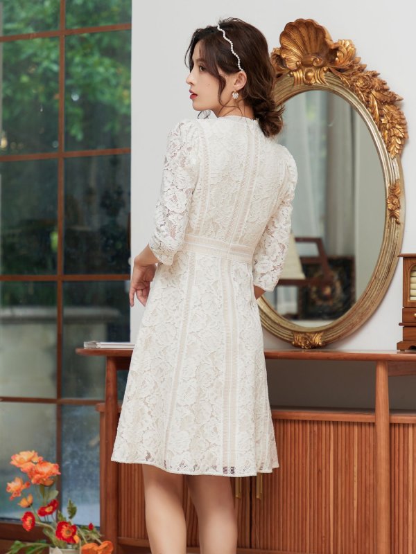 画像3: [送料無料][SETTAN]ホワイト・ブラック×ベージュ・総レース・Aライン・フレア・スリーブドレス・Vネック・ミニドレス・ワンピース[即日発送][大きいサイズあり] (3)