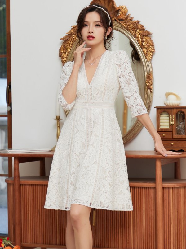 画像5: [送料無料][SETTAN]ホワイト・ブラック×ベージュ・総レース・Aライン・フレア・スリーブドレス・Vネック・ミニドレス・ワンピース[即日発送][大きいサイズあり] (5)