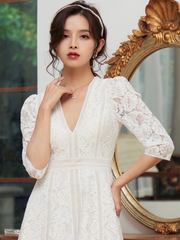 画像6: [送料無料][SETTAN]ホワイト・ブラック×ベージュ・総レース・Aライン・フレア・スリーブドレス・Vネック・ミニドレス・ワンピース[即日発送][大きいサイズあり] (6)