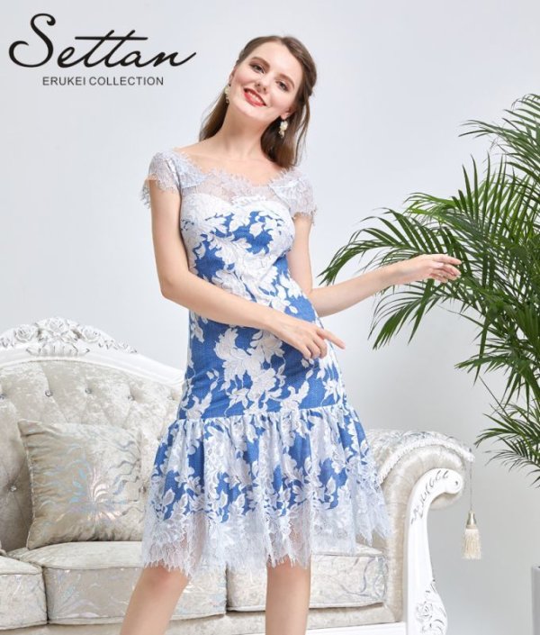 画像2: [送料無料][SETTAN]ピンク・ブルー・フレア・レース・花柄・キュート・ミディアムドレス・ワンピース[即日発送][大きいサイズあり] (2)