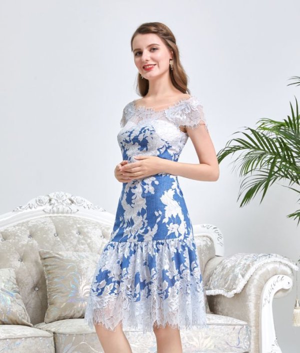 画像4: [送料無料][SETTAN]ピンク・ブルー・フレア・レース・花柄・キュート・ミディアムドレス・ワンピース[即日発送][大きいサイズあり] (4)