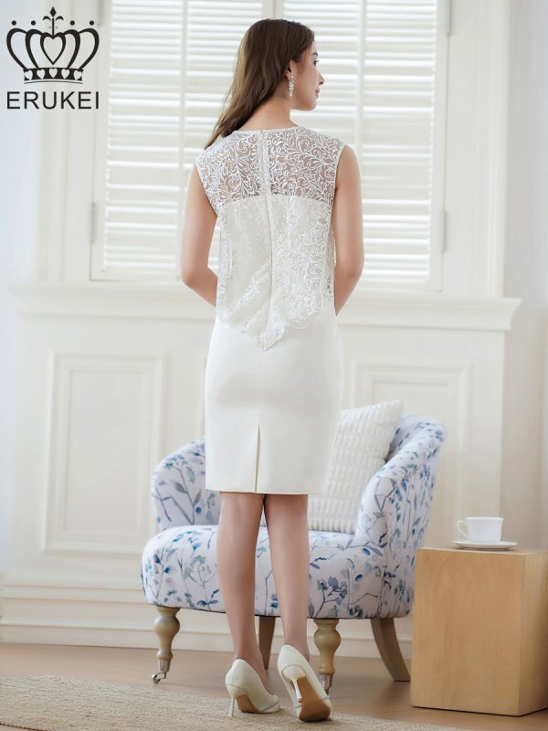 画像3: [送料無料][ERUKEI]ホワイト・ブラック・ノースリーブ・レース・タイト・スリット・ミディアムドレス・ワンピース[即日発送][大きいサイズあり] (3)