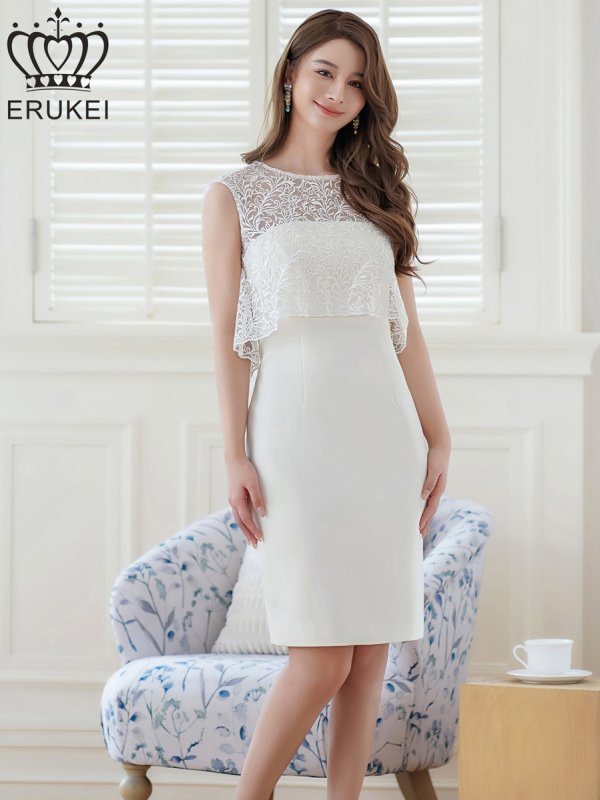 画像6: [送料無料][ERUKEI]ホワイト・ブラック・ノースリーブ・レース・タイト・スリット・ミディアムドレス・ワンピース[即日発送][大きいサイズあり] (6)