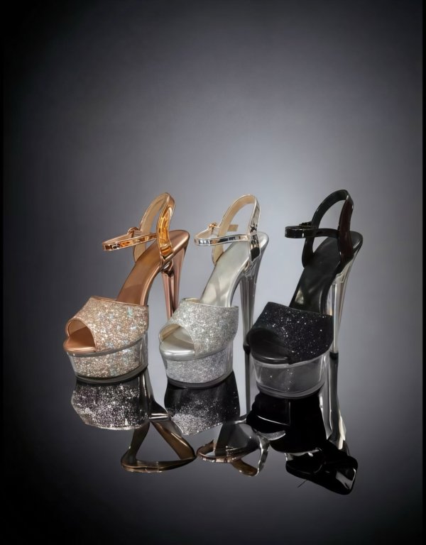 画像1: [ニュースソース][news]シルバー・ピンクゴールド・ブラック・アンクルストラップ・ラメ・グリッター・ラインストーンチャーム・厚底・16cmヒール・サンダル[即日発送] (1)