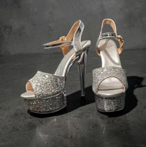 画像3: [ニュースソース][news]シルバー・ピンクゴールド・ブラック・アンクルストラップ・ラメ・グリッター・ラインストーンチャーム・厚底・16cmヒール・サンダル[即日発送] (3)
