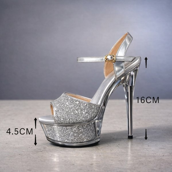 画像9: [ニュースソース][news]シルバー・ピンクゴールド・ブラック・アンクルストラップ・ラメ・グリッター・ラインストーンチャーム・厚底・16cmヒール・サンダル[即日発送] (9)