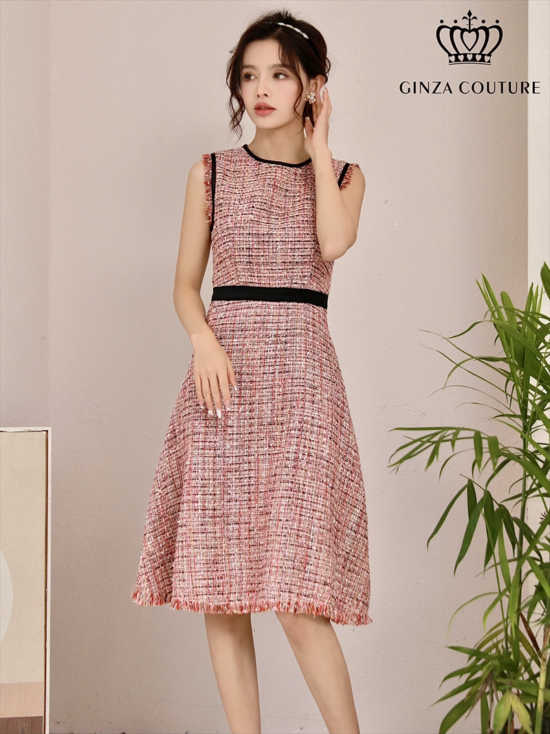 GINZA COUTURE]ピンク・ツイード・ノースリーブ・Aライン・ミニドレス