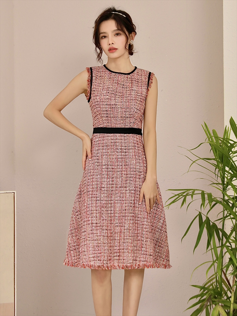 GINZA COUTURE]ピンク・ツイード・ノースリーブ・Aライン・ミニドレス