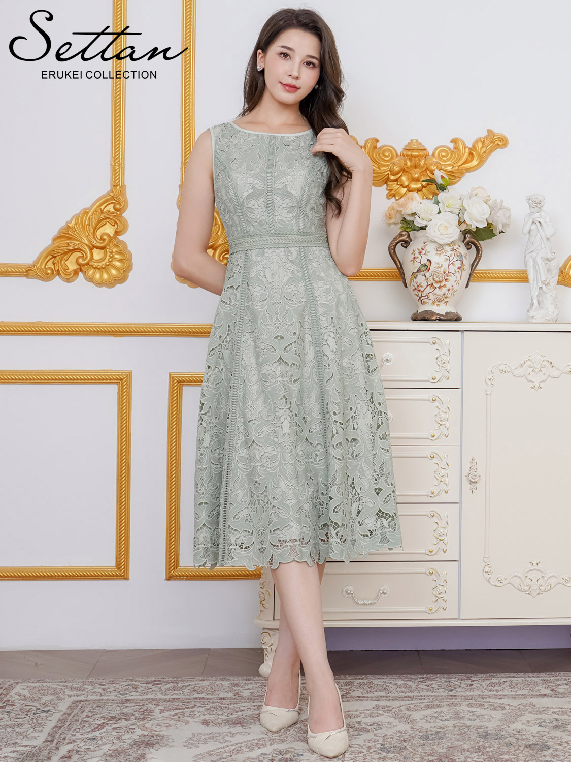 ERUKEI ライムグリーン レースドレス 総レースノースリーブエレガントワンピース/山崎みどり - カラー