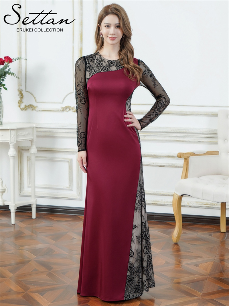 送料無料][SETTAN]レッド×ブラック・サテン・レース・長袖・タイト